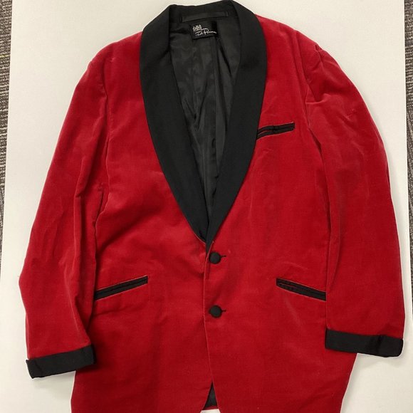 Vintage De Pinna  Mens Red Velvet Shawl Collar Smoking Tuxedo Jacket Sz 46 - Picture 1 of 5